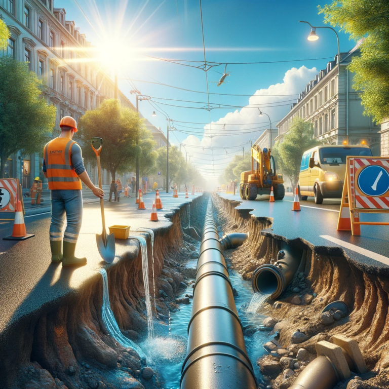 A photorealistic image of an exposed, dripping underground drinking water pipe with a worker holding a shovel, on a street during nice weather.